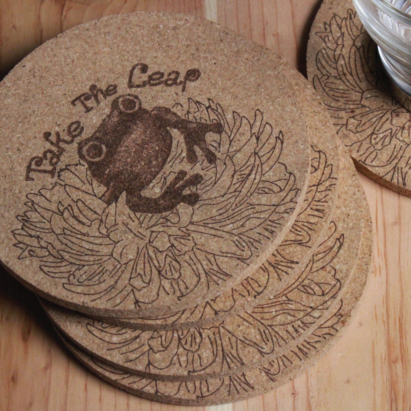 Take The Leap - Frog & Lily Cork Drink Coasters - Grad Gift - Arbo Engravings