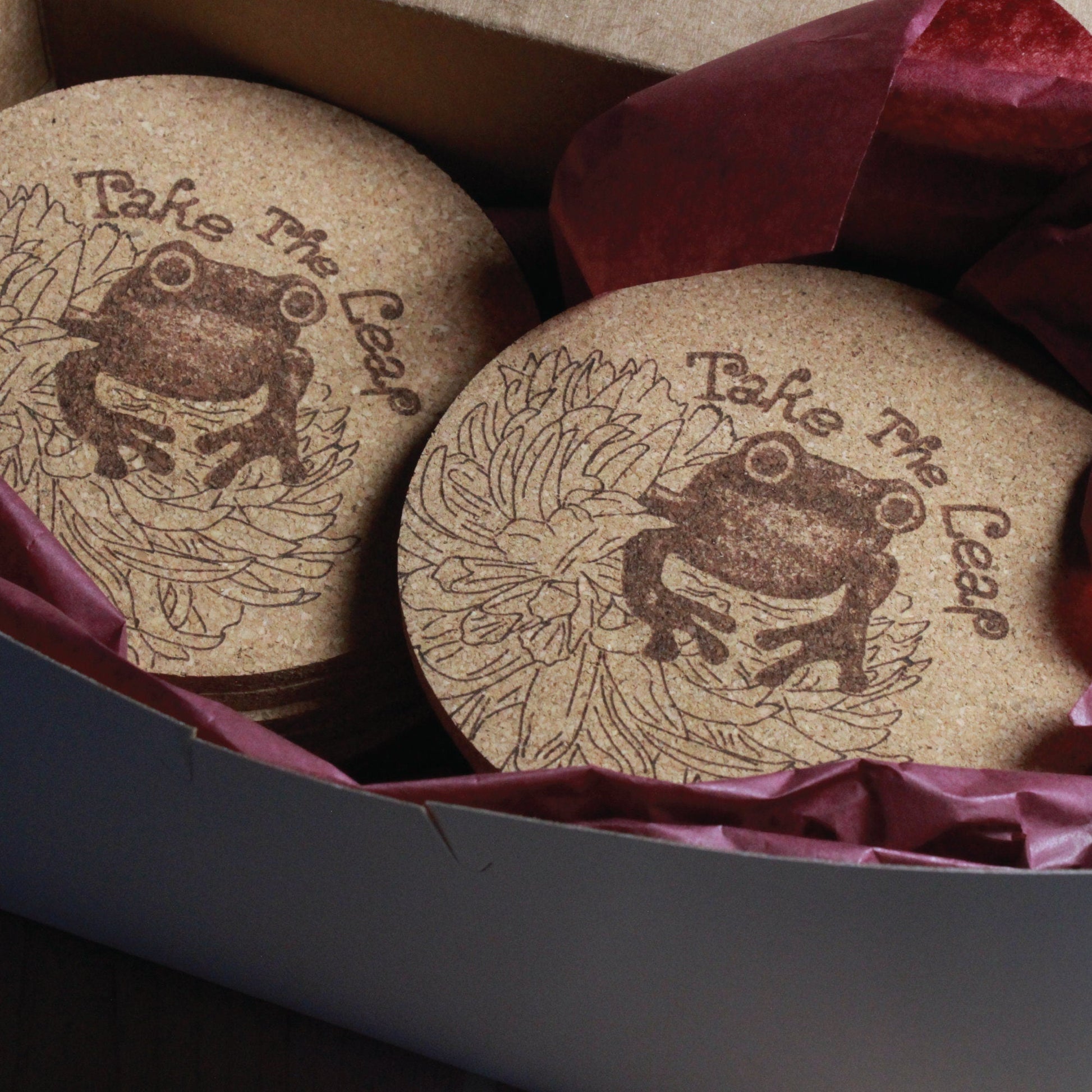 Take The Leap - Frog & Lily Cork Drink Coasters - Grad Gift - Arbo Engravings
