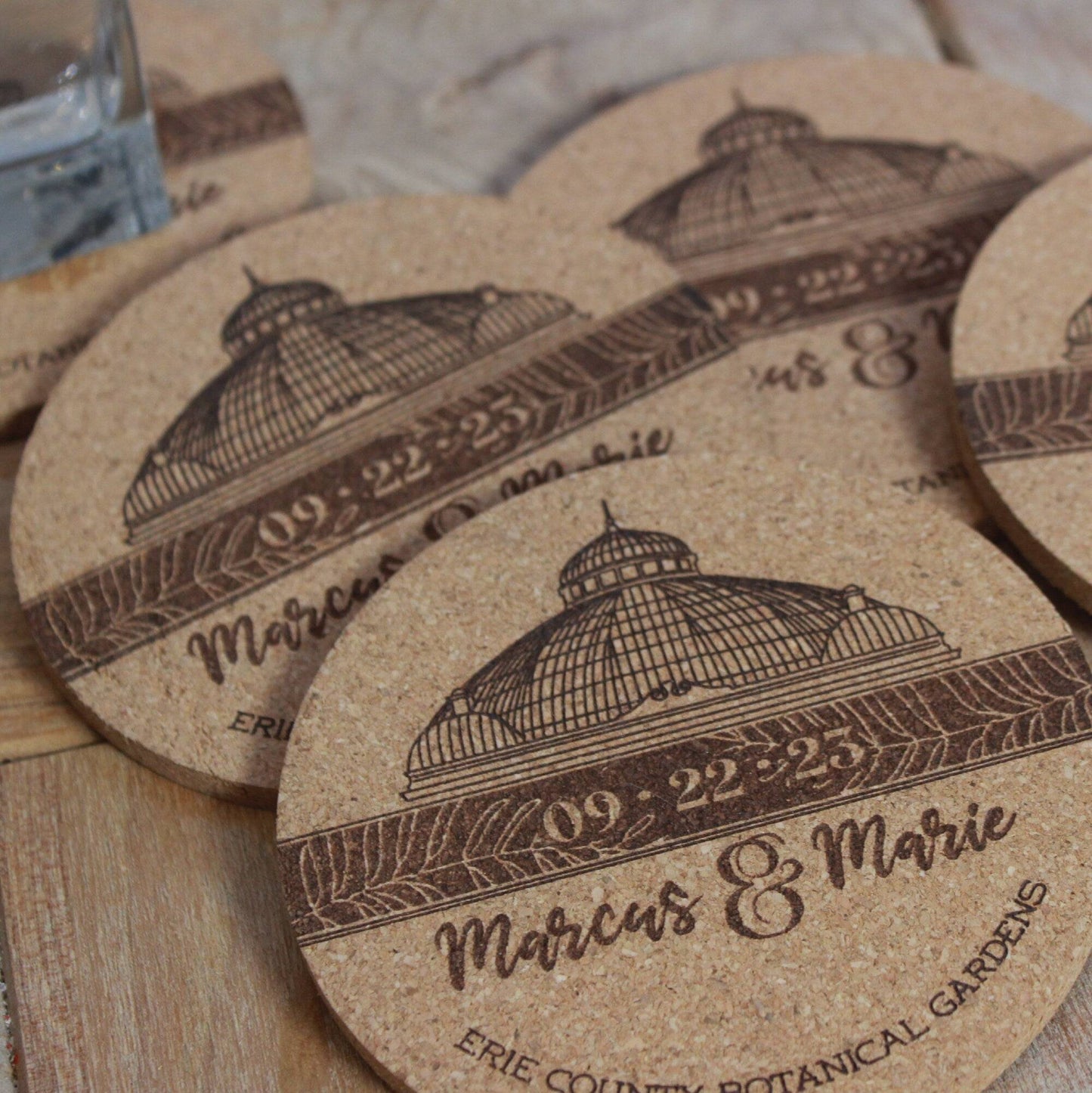 Botanical Garden Wedding Custom Cork Coasters - Arbo Engravings