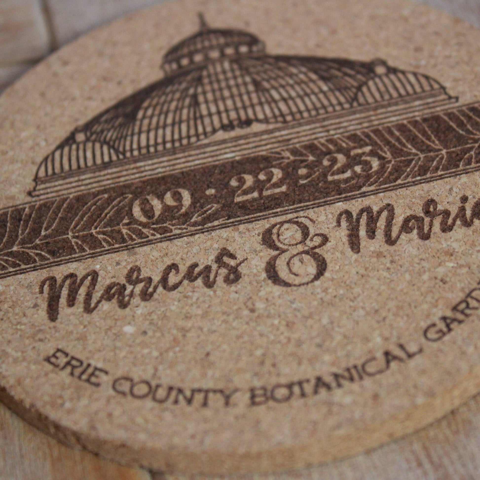 Botanical Garden Wedding Custom Cork Coasters - Arbo Engravings