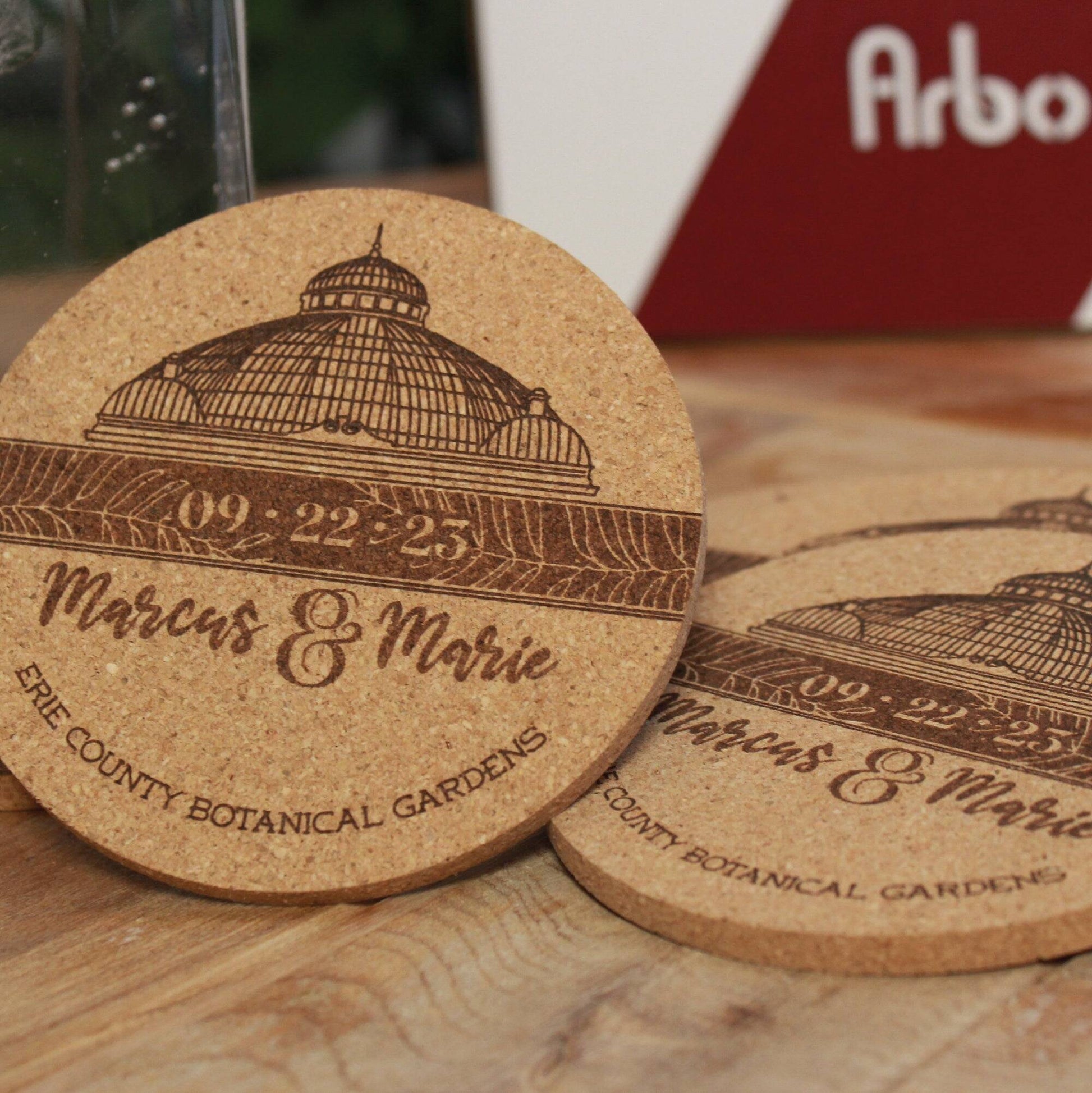 Botanical Garden Wedding Custom Cork Coasters - Arbo Engravings