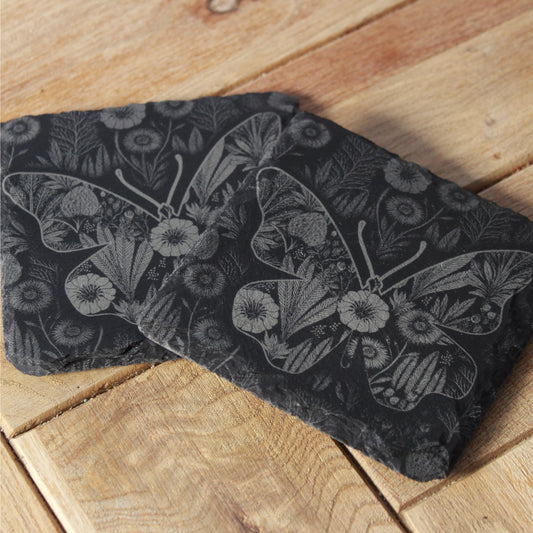 Butterfly Garden Art Coaster Set - Vintage - Inspired Floral Design - Retro Butterfly Drink Coasters - Arbo Engravings