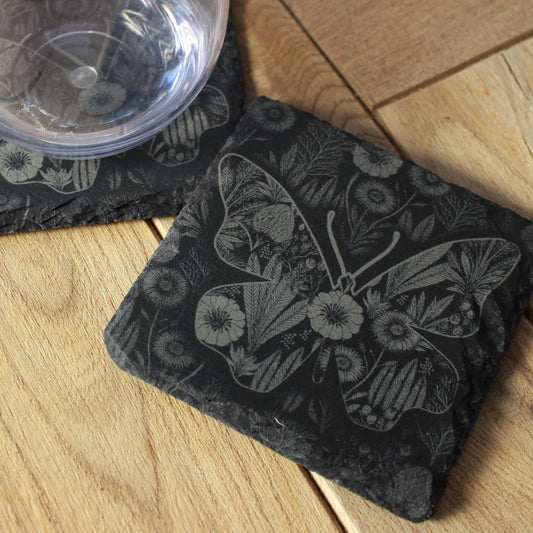 Butterfly Garden Art Coaster Set - Vintage - Inspired Floral Design - Retro Butterfly Drink Coasters - Arbo Engravings