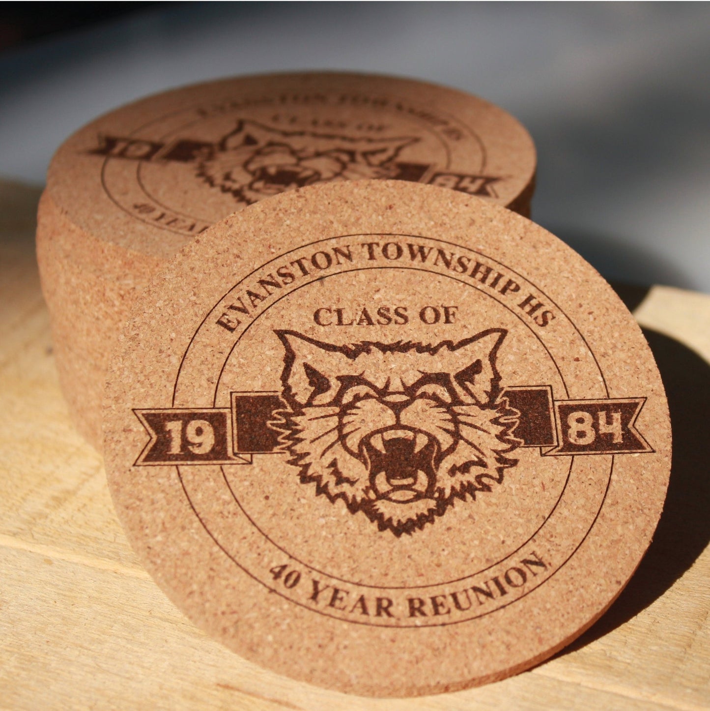 Class Reunion Coasters with logo Engraved Cork, High School Mascot, College Reunion, Personalized Drink Coaster, Grad Class Emblem Decor - Arbo Engravings