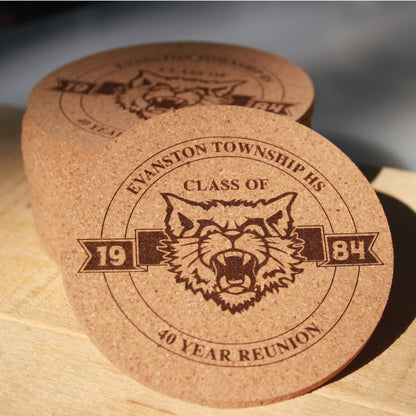 Class Reunion Coasters with logo Engraved Cork, High School Mascot, College Reunion, Personalized Drink Coaster, Grad Class Emblem Decor - Arbo Engravings
