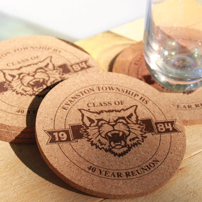 Class Reunion Coasters with logo Engraved Cork, High School Mascot, College Reunion, Personalized Drink Coaster, Grad Class Emblem Decor - Arbo Engravings