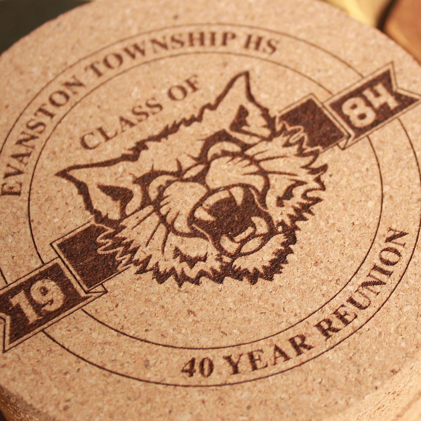 Class Reunion Coasters with logo Engraved Cork, High School Mascot, College Reunion, Personalized Drink Coaster, Grad Class Emblem Decor - Arbo Engravings