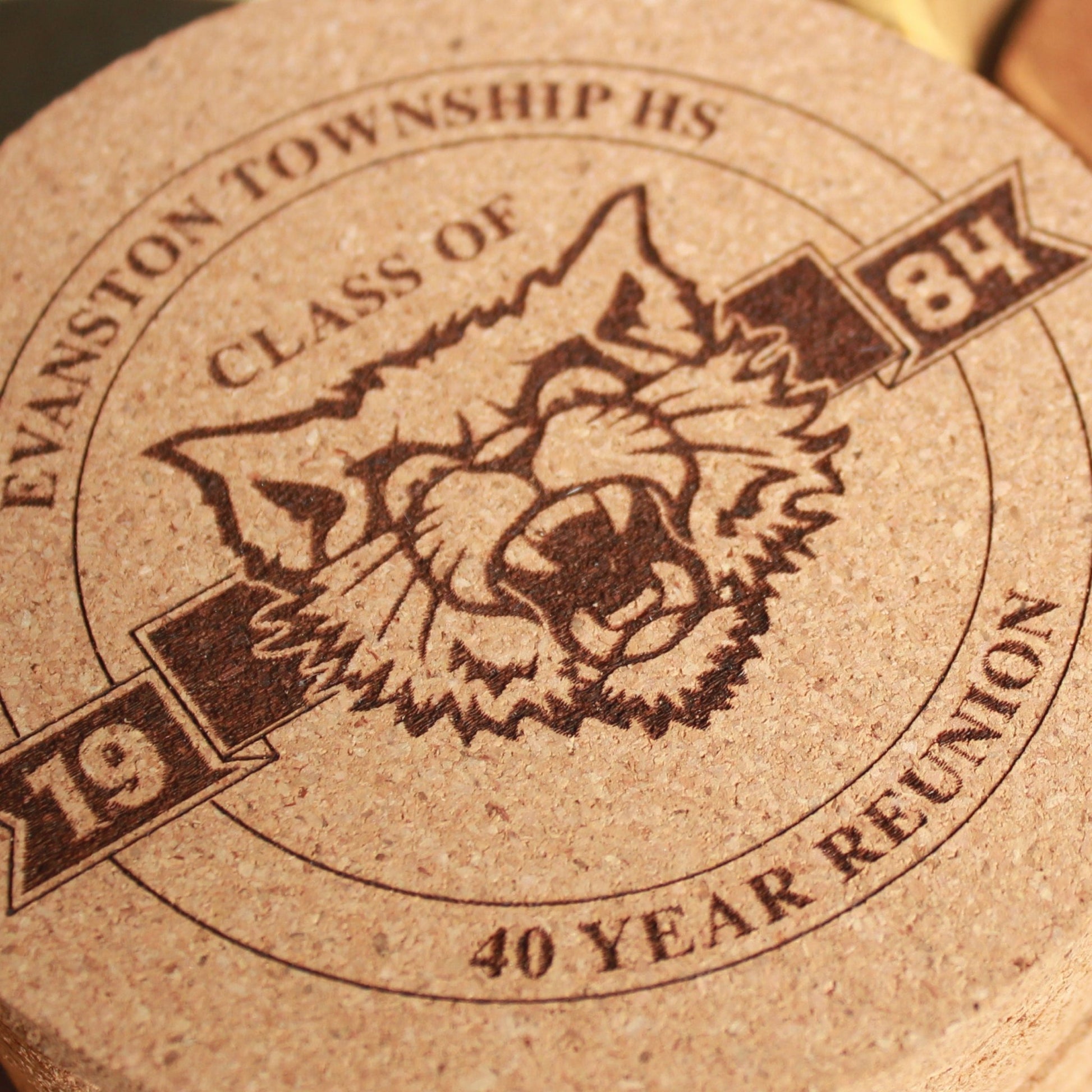 Class Reunion Coasters with logo Engraved Cork, High School Mascot, College Reunion, Personalized Drink Coaster, Grad Class Emblem Decor - Arbo Engravings