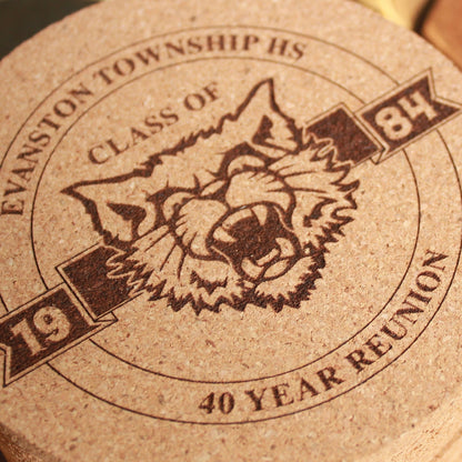 Class Reunion Coasters with logo Engraved Cork, High School Mascot, College Reunion, Personalized Drink Coaster, Grad Class Emblem Decor - Arbo Engravings