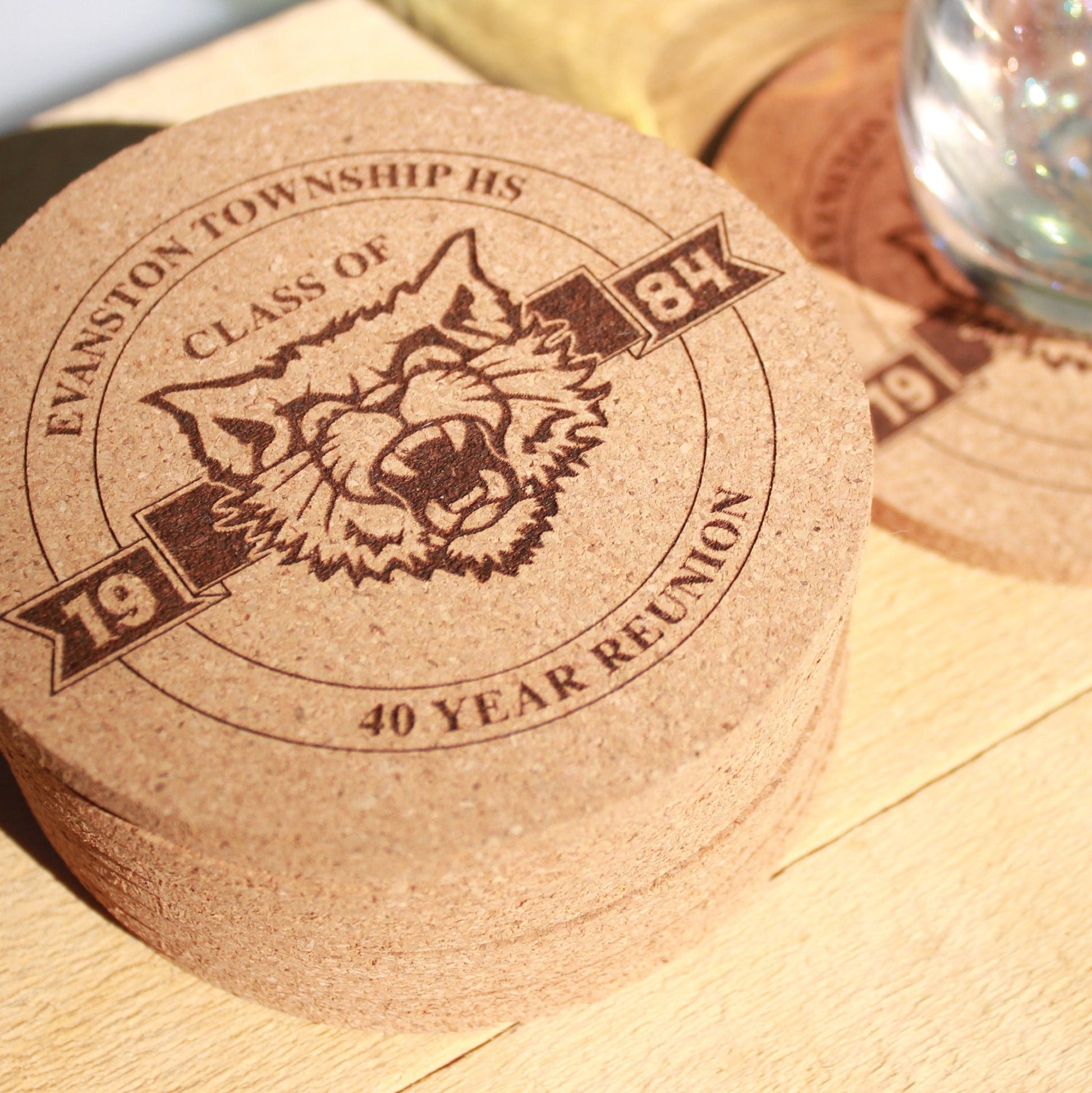 Class Reunion Coasters with logo Engraved Cork, High School Mascot, College Reunion, Personalized Drink Coaster, Grad Class Emblem Decor - Arbo Engravings