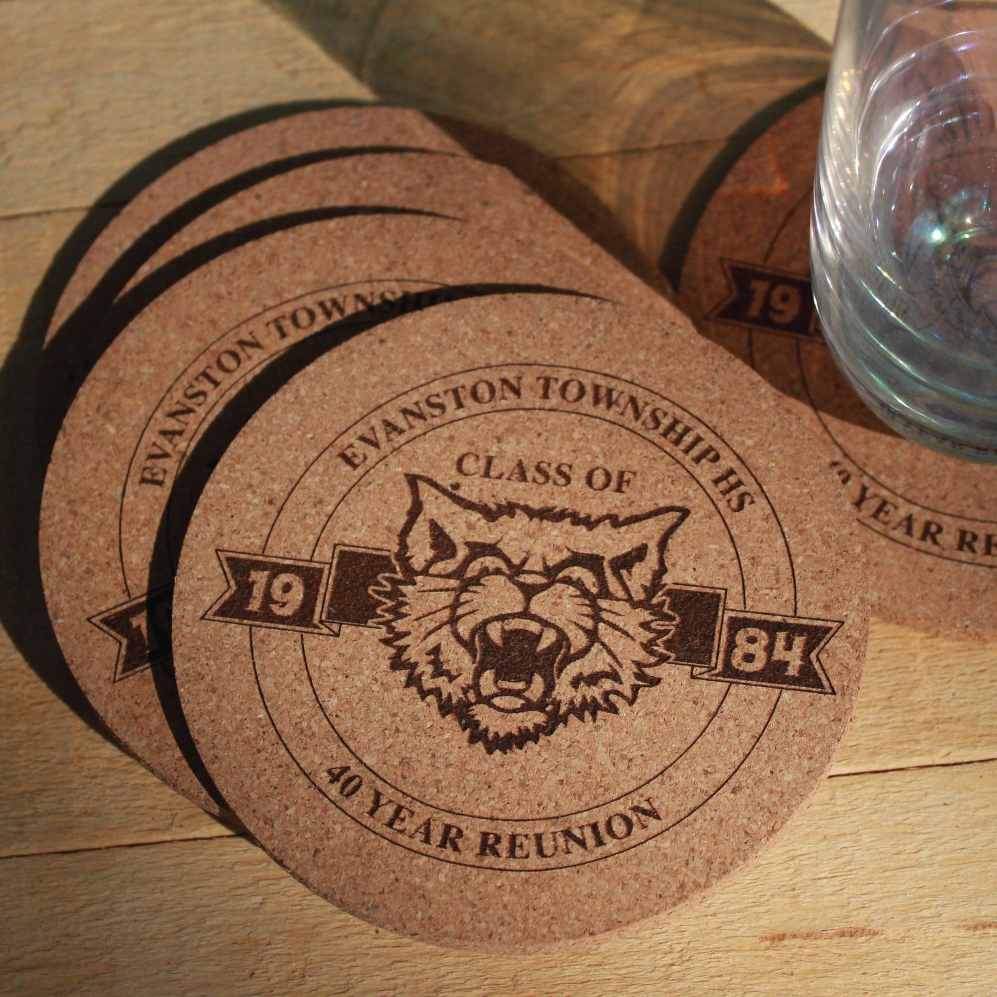 Class Reunion Coasters with logo Engraved Cork, High School Mascot, College Reunion, Personalized Drink Coaster, Grad Class Emblem Decor - Arbo Engravings