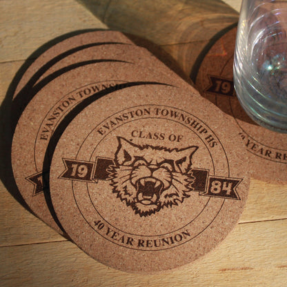 Class Reunion Coasters with logo Engraved Cork, High School Mascot, College Reunion, Personalized Drink Coaster, Grad Class Emblem Decor - Arbo Engravings
