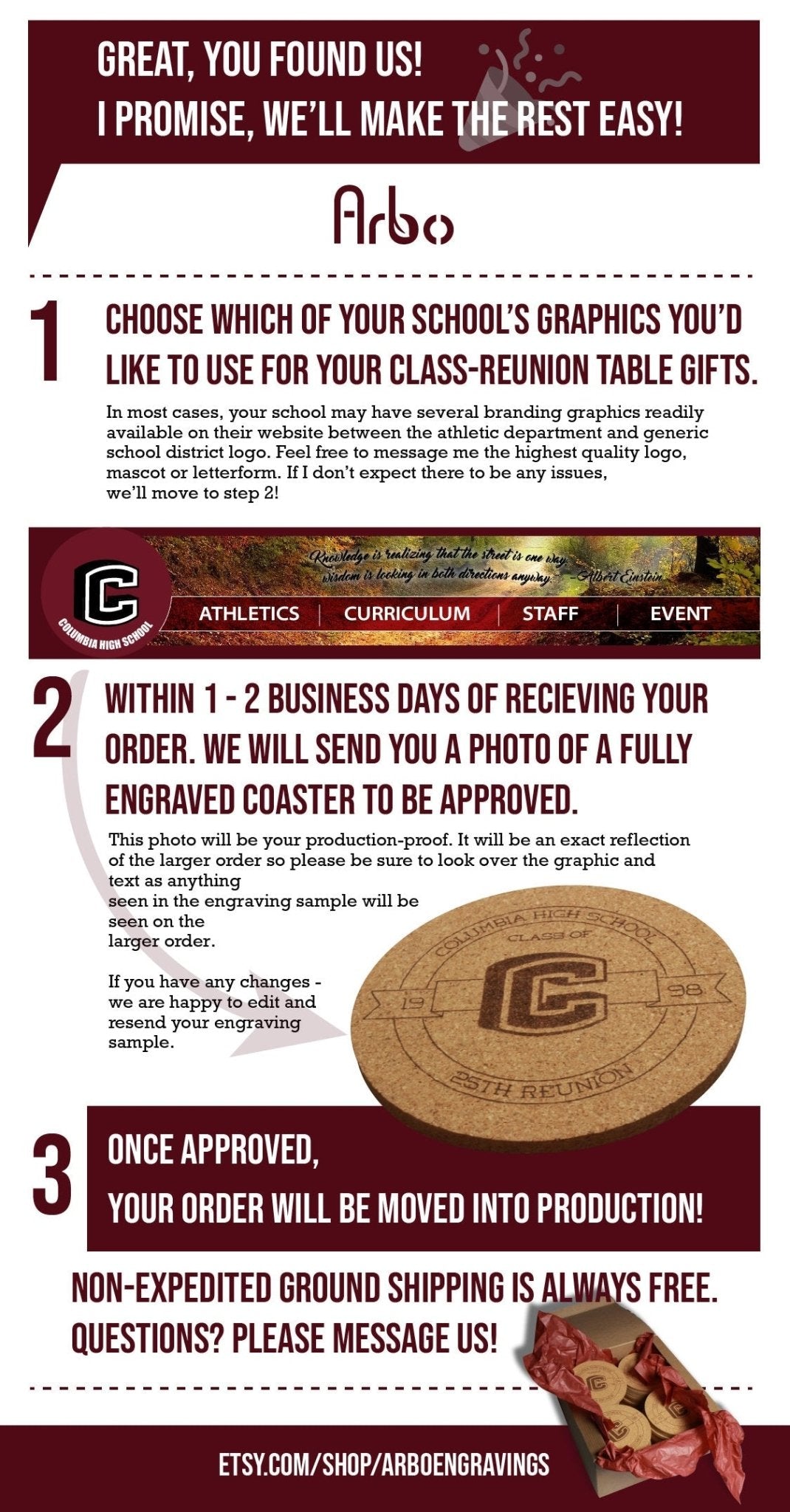 Class Reunion Coasters with logo Engraved Cork, High School Mascot, College Reunion, Personalized Drink Coaster, Grad Class Emblem Decor - Arbo Engravings