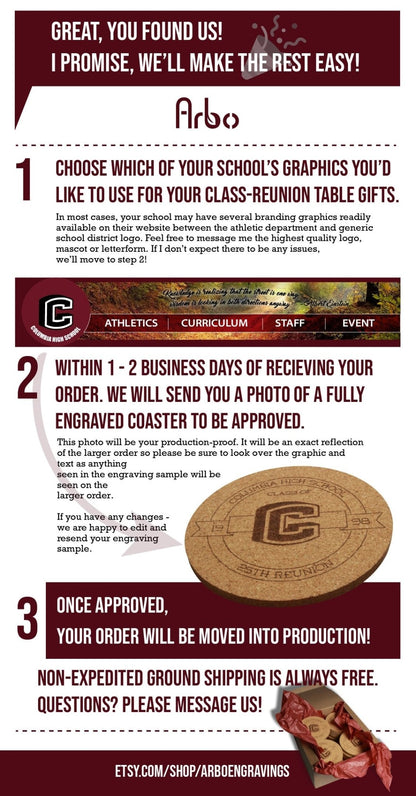 Class Reunion Coasters with logo Engraved Cork, High School Mascot, College Reunion, Personalized Drink Coaster, Grad Class Emblem Decor - Arbo Engravings
