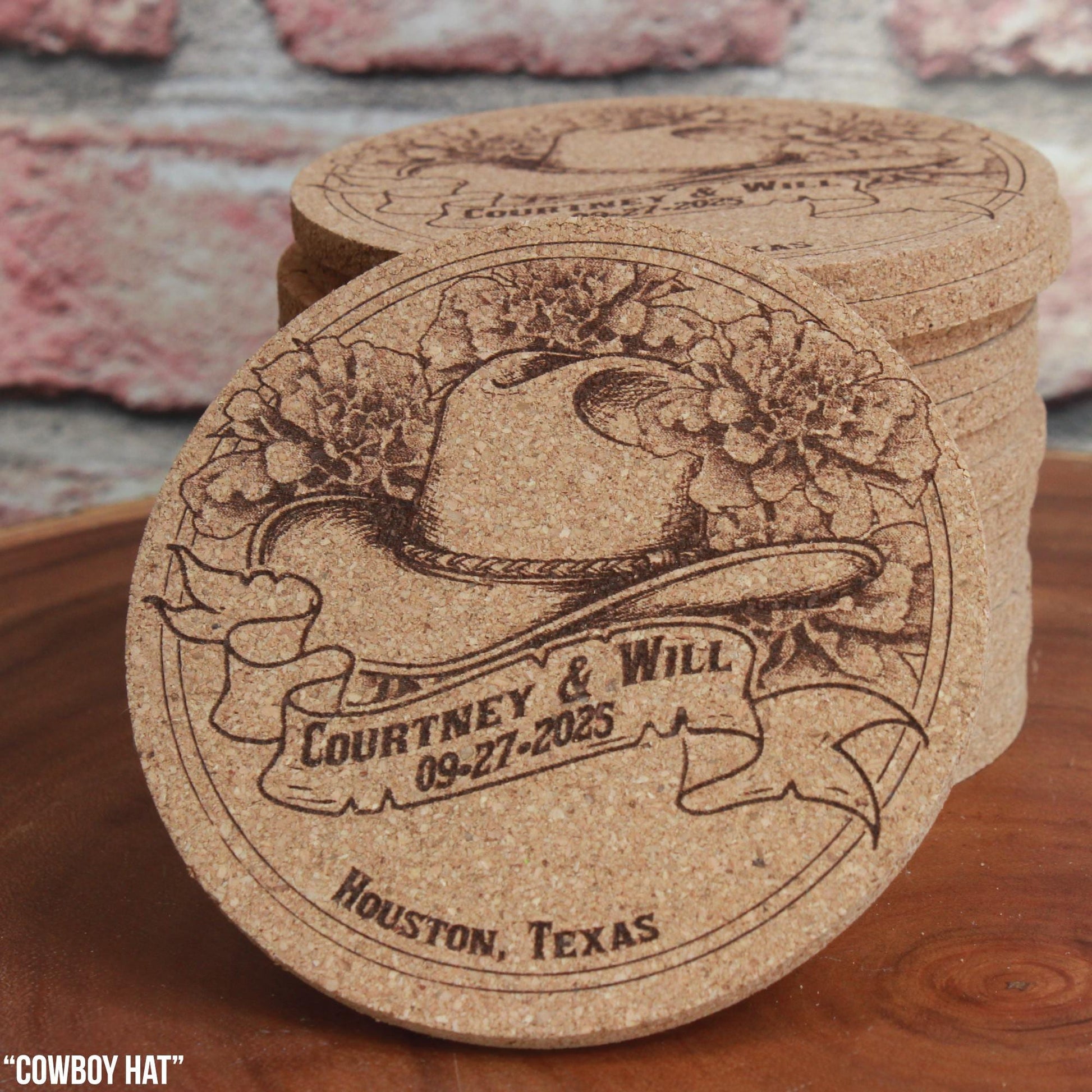 Country Western Wedding Coasters - Custom Cork Coasters with Cowboy Hat Design Rustic Barn Theme Gift - Arbo Engravings