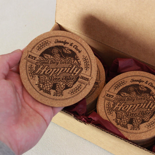 Custom Engraved Hops Coasters - Rustic Cork Wedding Favors Extra Thick Round Design - Arbo Engravings