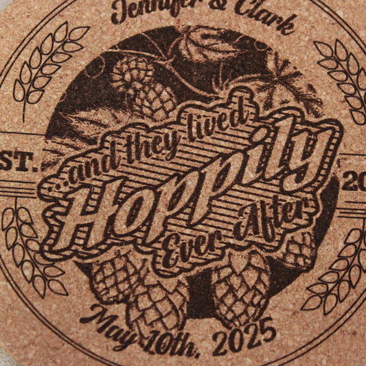 Custom Engraved Hops Coasters - Rustic Cork Wedding Favors Extra Thick Round Design - Arbo Engravings