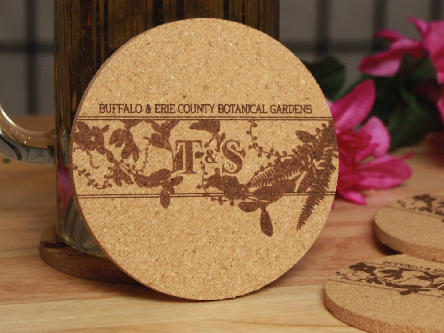 Custom Engraved Initials with Foliage Wedding Coasters - Arbo Engravings