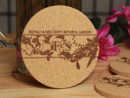 Custom Engraved Initials with Foliage Wedding Coasters - Arbo Engravings