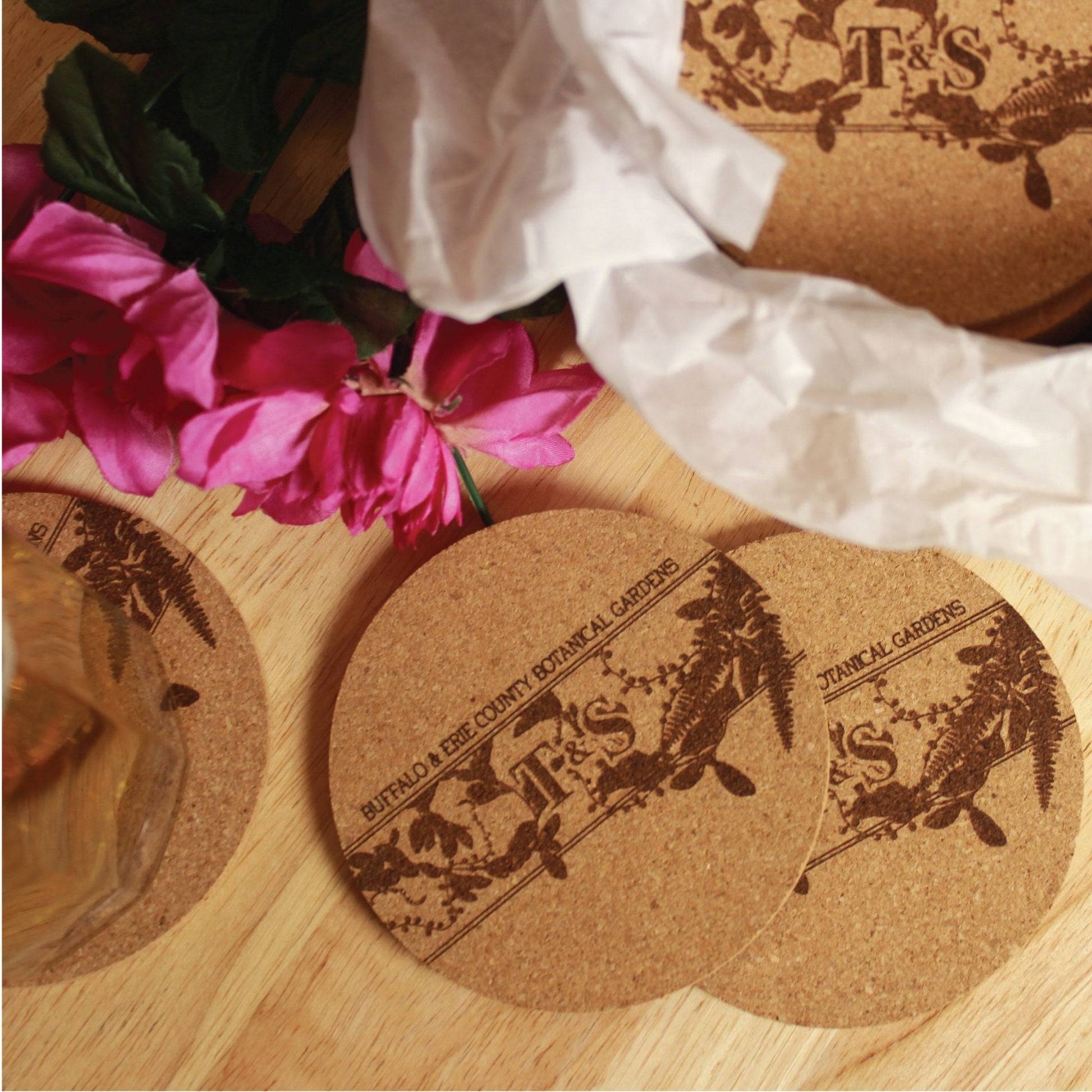 Custom Engraved Initials with Foliage Wedding Coasters - Arbo Engravings