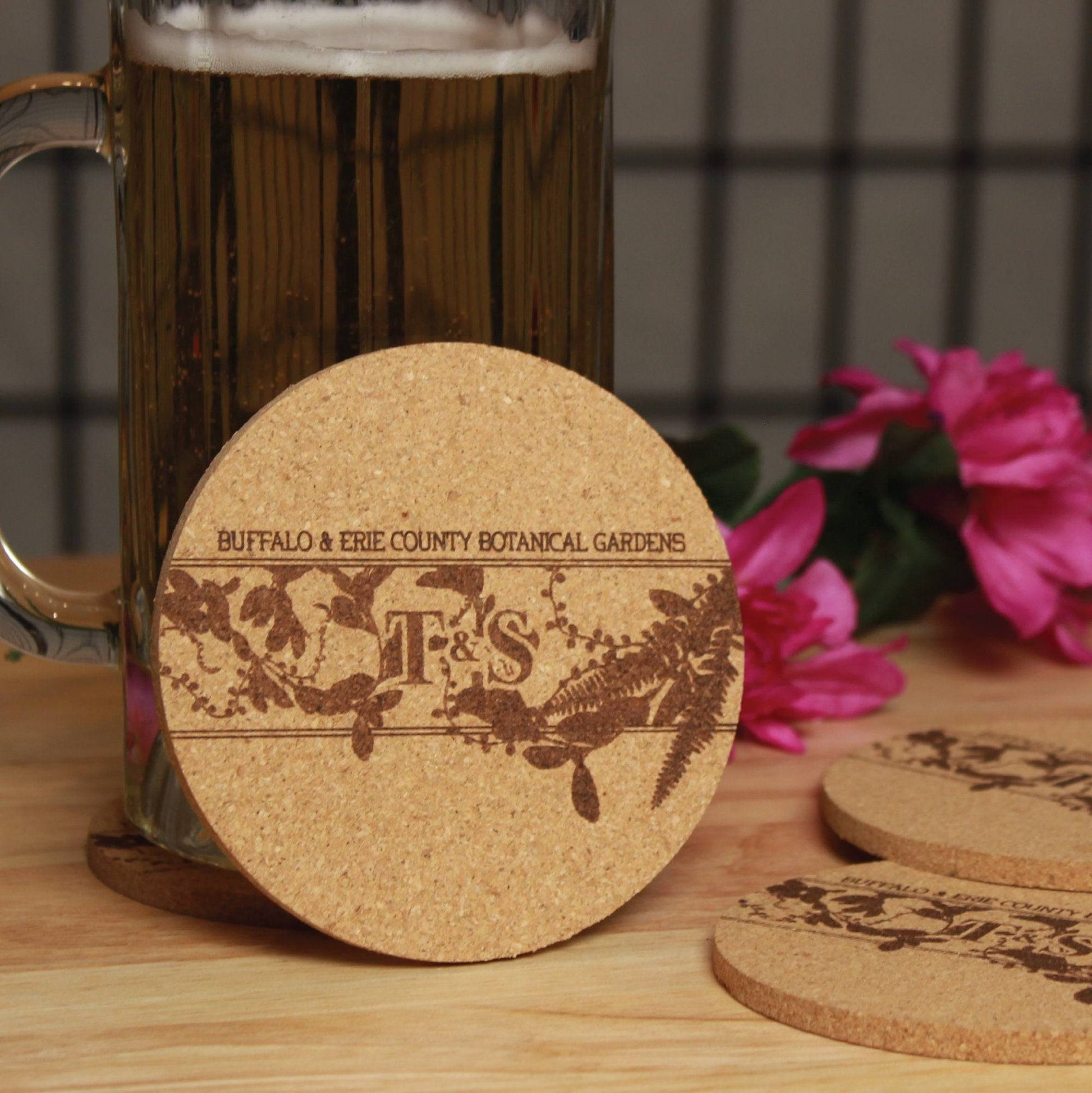 Custom Engraved Initials with Foliage Wedding Coasters - Arbo Engravings