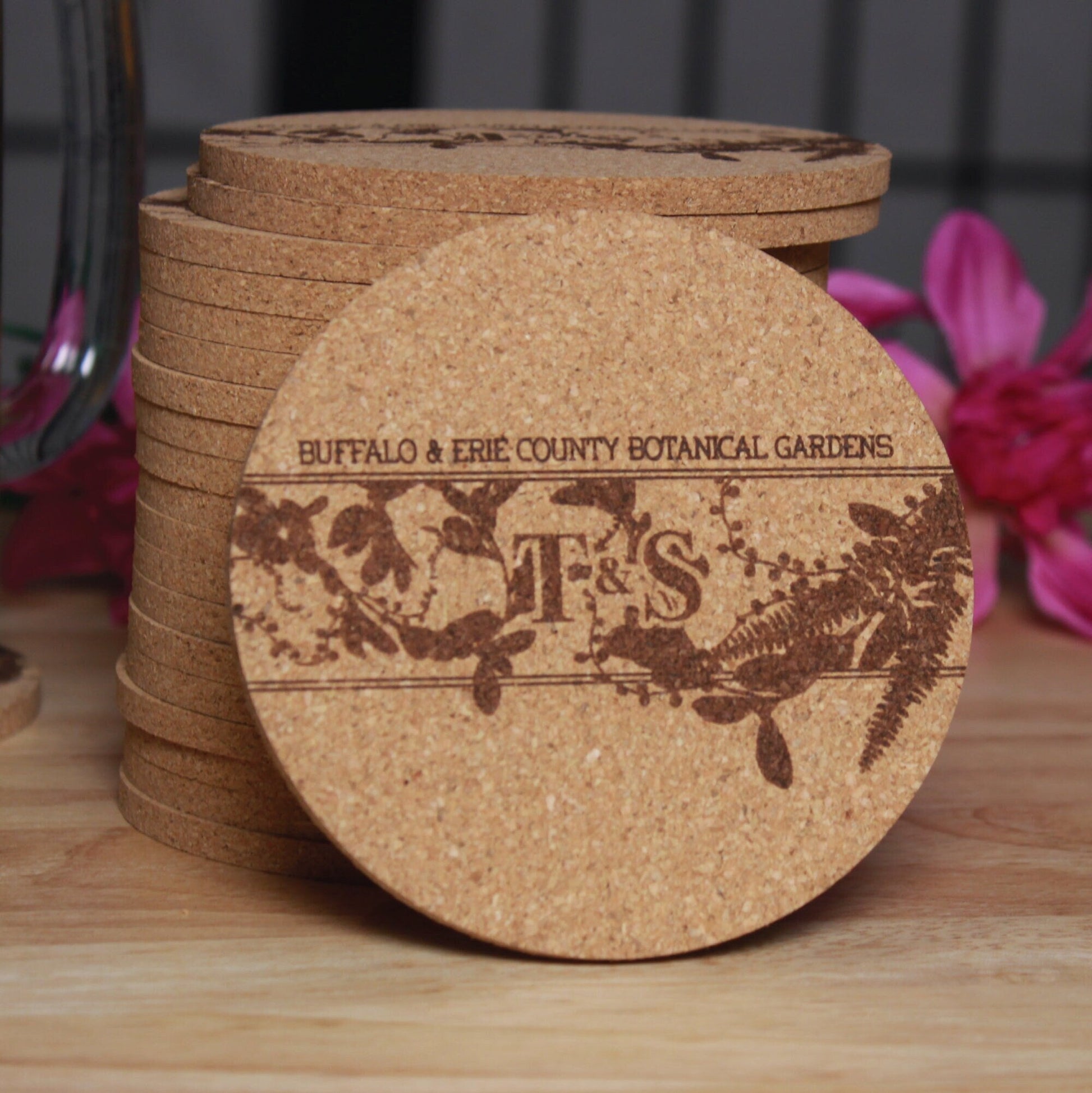 Custom Engraved Initials with Foliage Wedding Coasters - Arbo Engravings