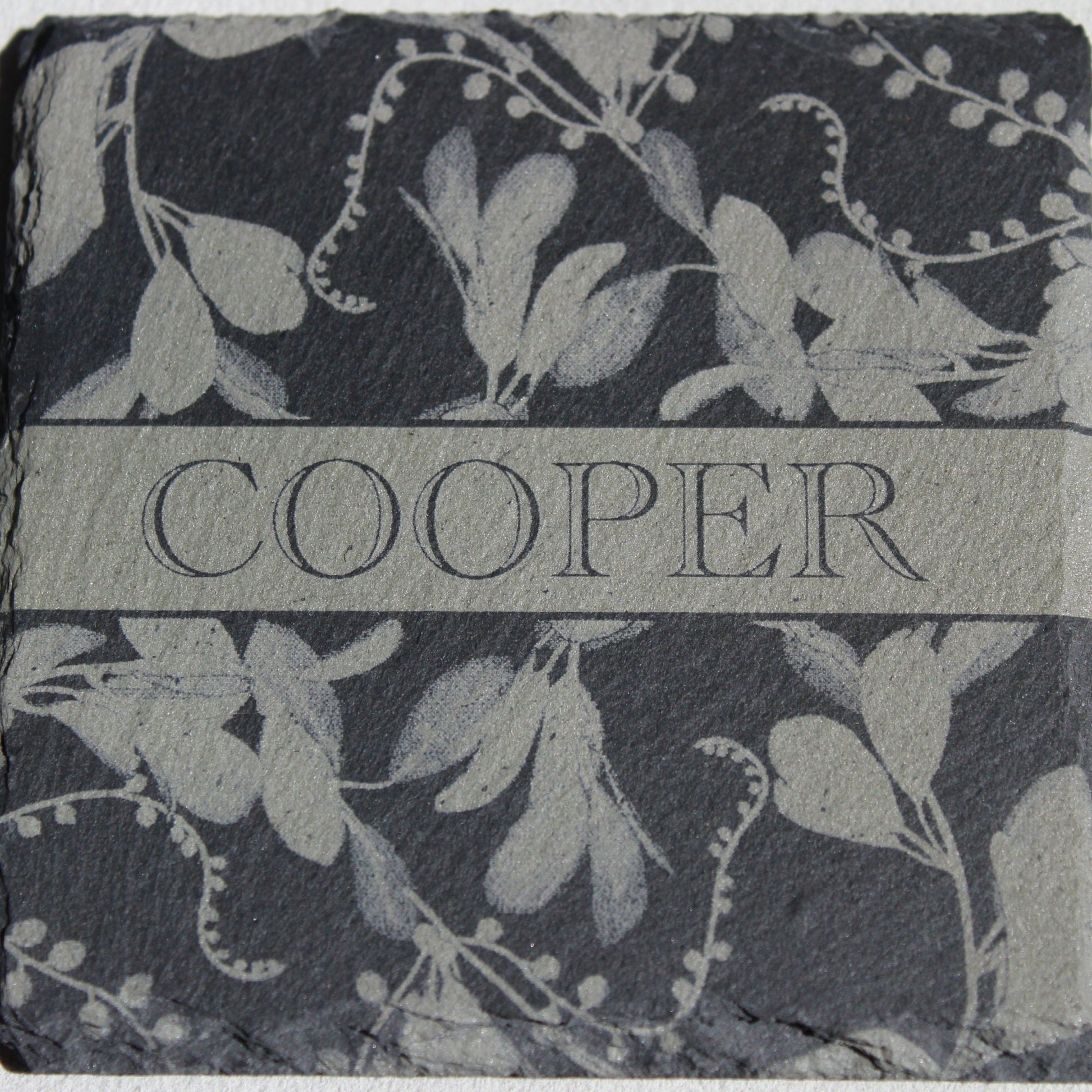 Custom Slate Flourish Coasters - Laser Etched 4" Stone Foliage Design - Arbo Engravings