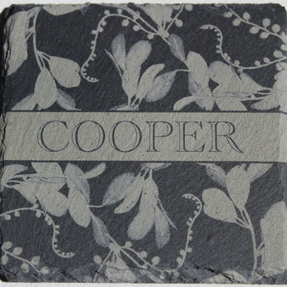 Custom Slate Flourish Coasters - Laser Etched 4" Stone Foliage Design - Arbo Engravings