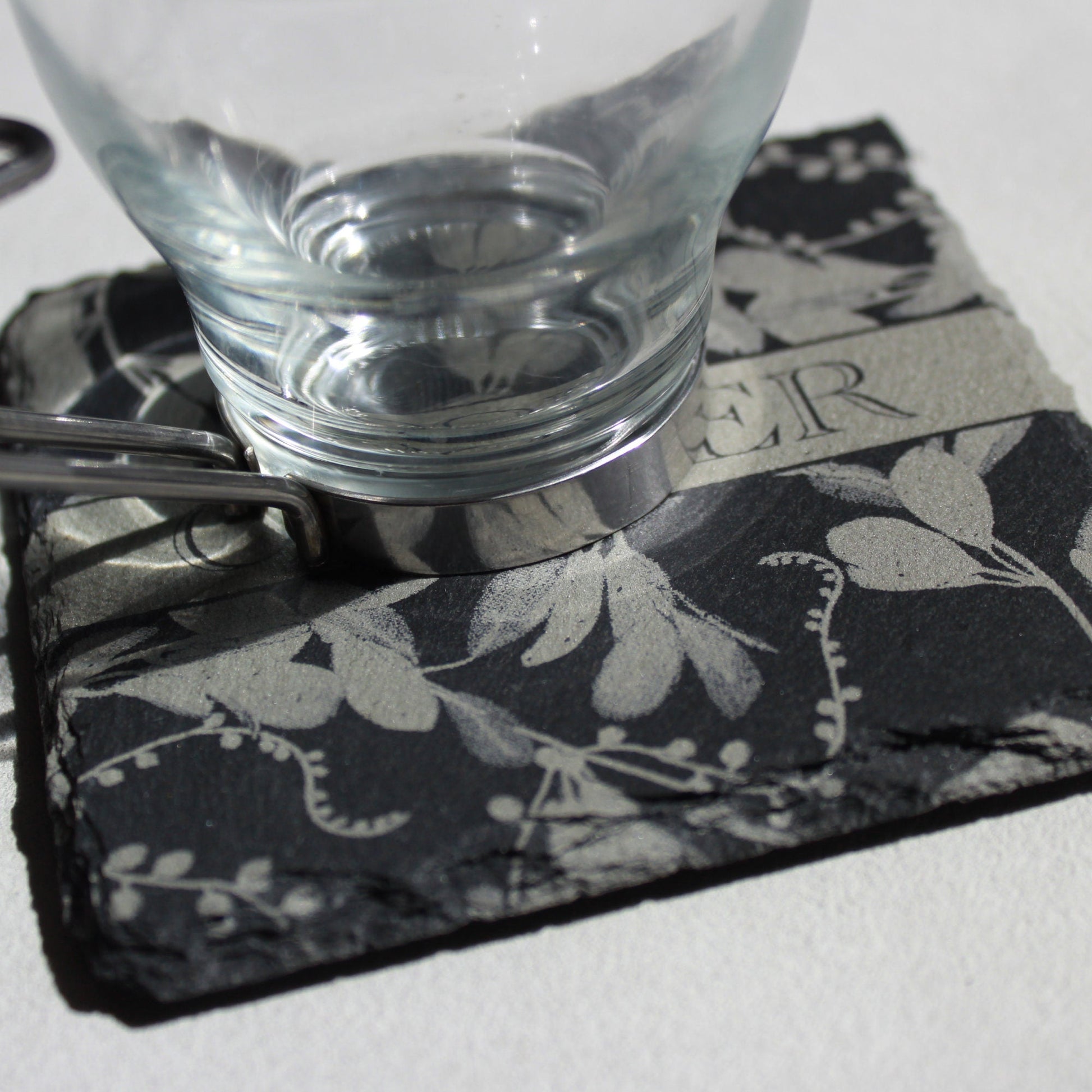 Custom Slate Flourish Coasters - Laser Etched 4" Stone Foliage Design - Arbo Engravings