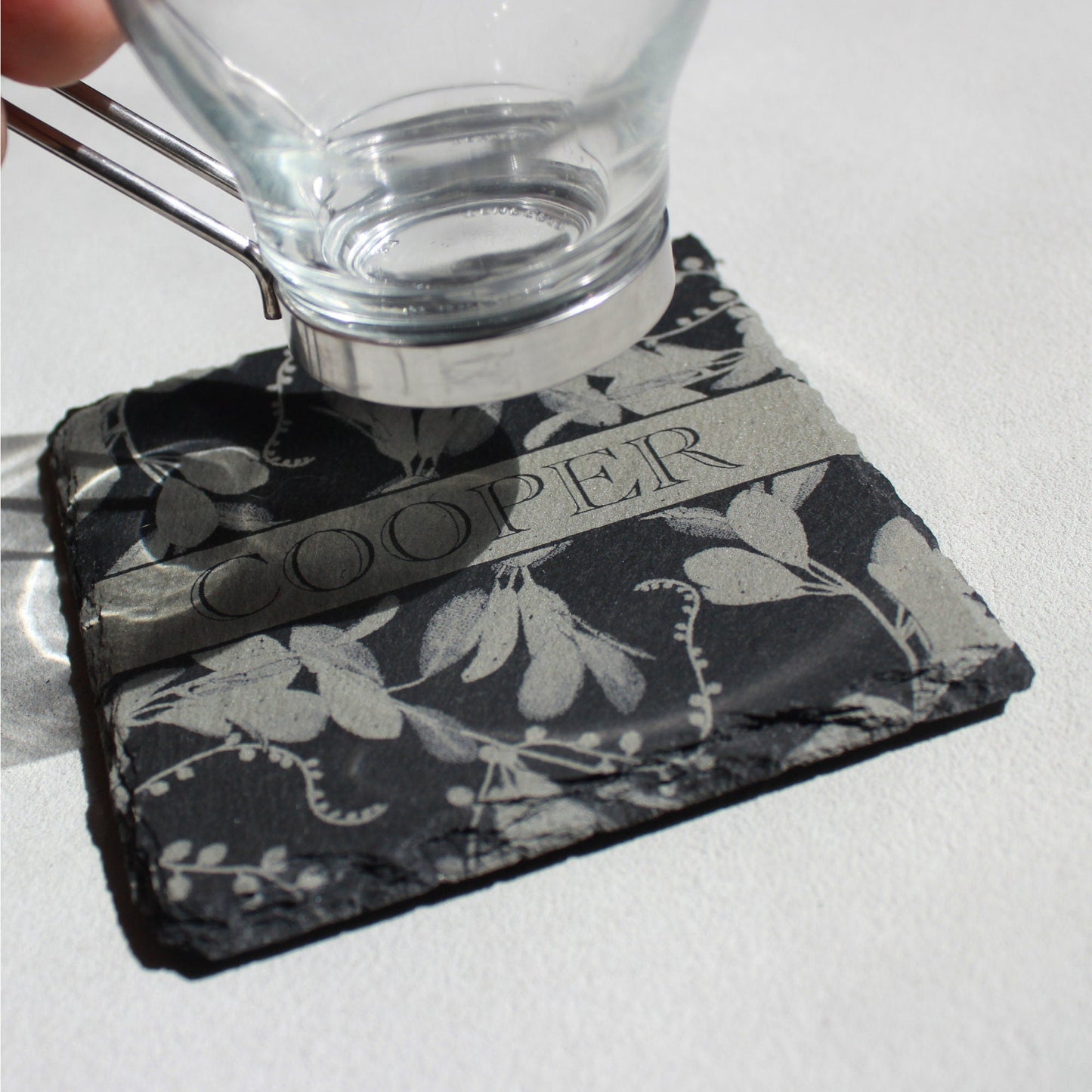 Custom Slate Flourish Coasters - Laser Etched 4" Stone Foliage Design - Arbo Engravings