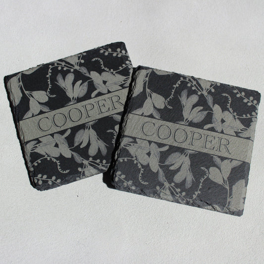 Custom Slate Flourish Coasters - Laser Etched 4" Stone Foliage Design - Arbo Engravings