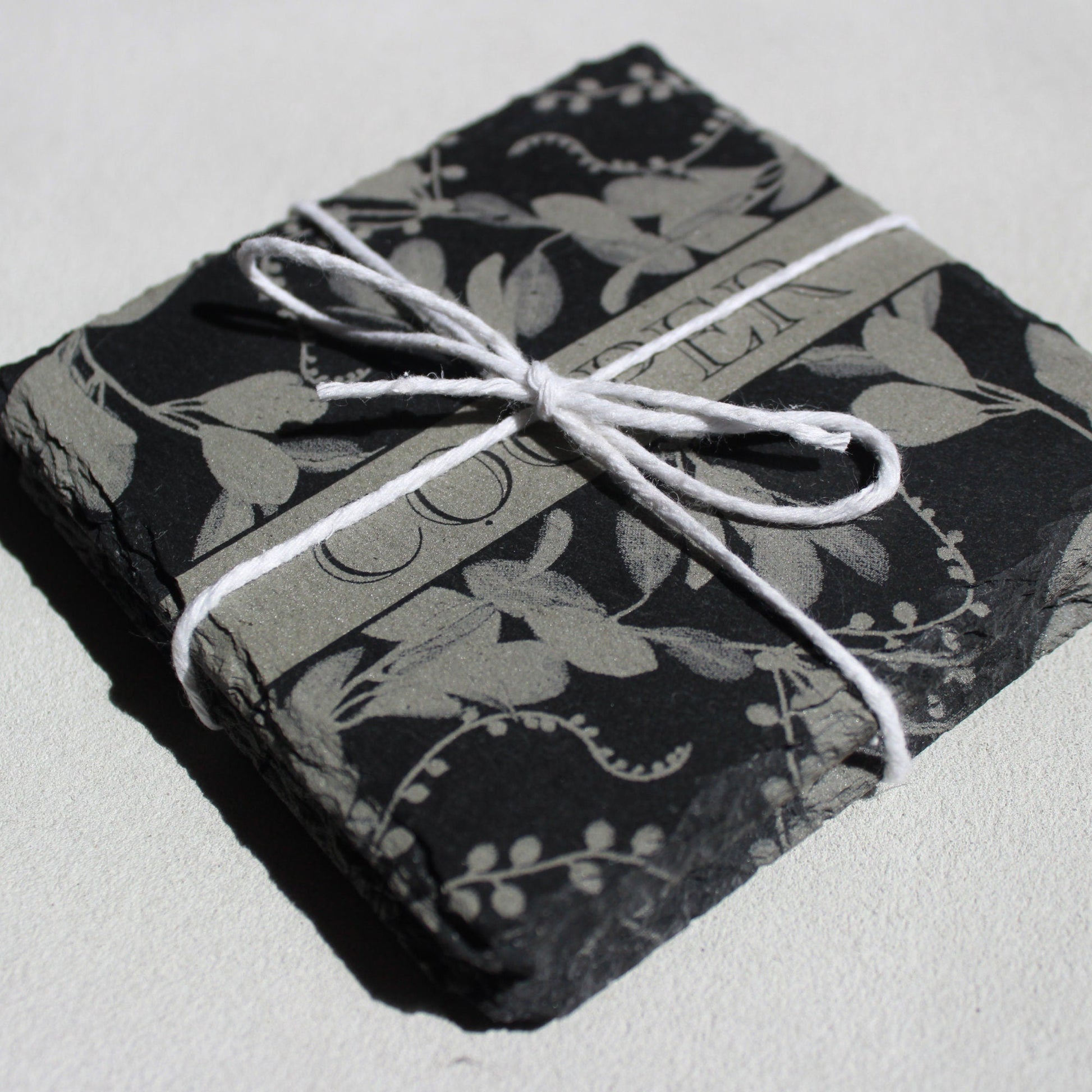 Custom Slate Flourish Coasters - Laser Etched 4" Stone Foliage Design - Arbo Engravings