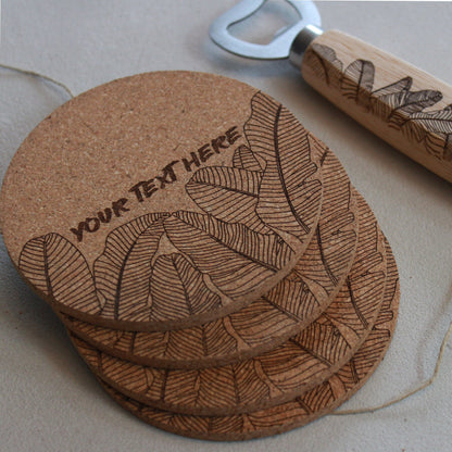 Engraved Cork Coasters (Set of 4) with Matching Bottle Opener Gift Set - Banana Leaf Design - Arbo Engravings