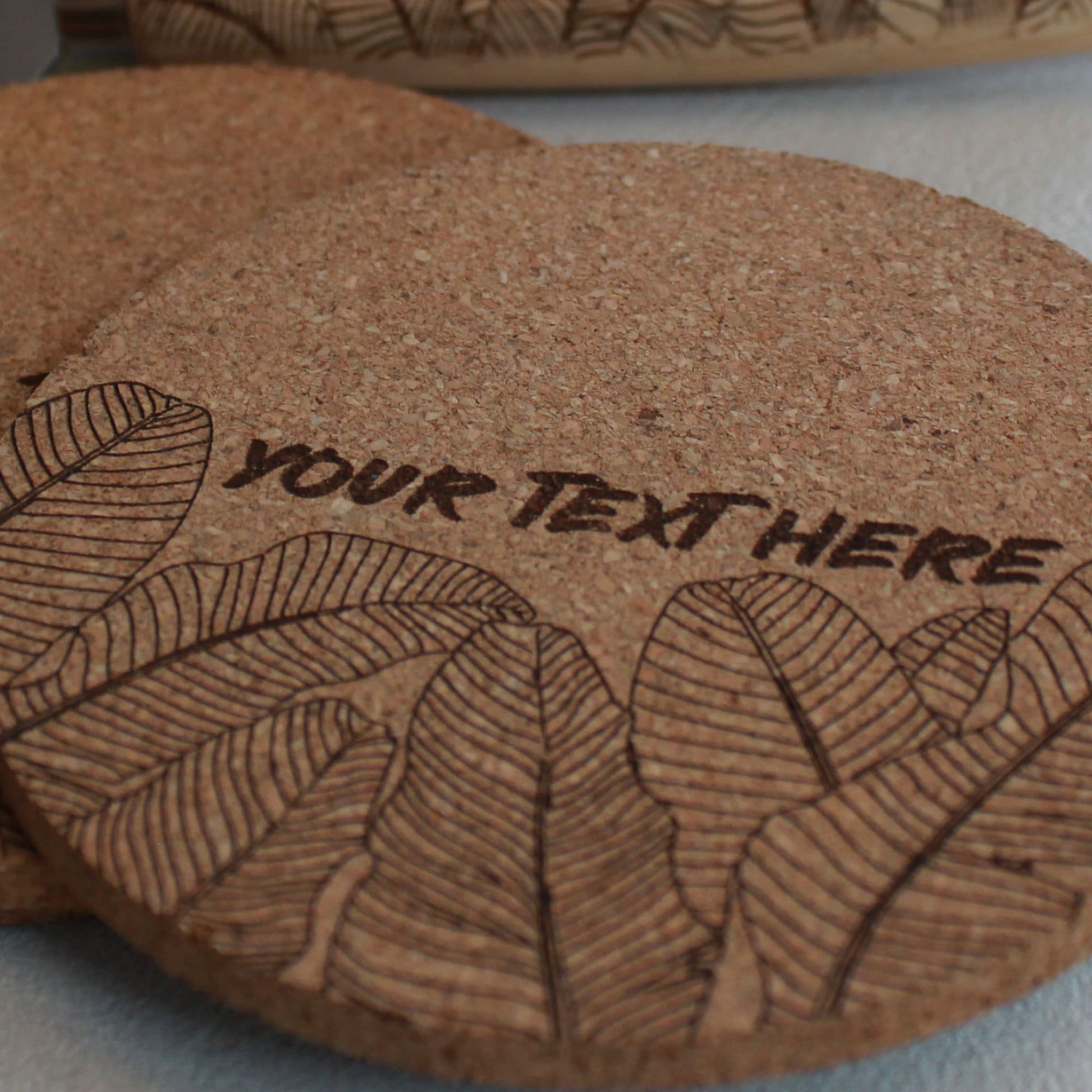 Engraved Cork Coasters (Set of 4) with Matching Bottle Opener Gift Set - Banana Leaf Design - Arbo Engravings