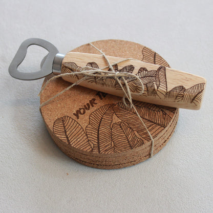 Engraved Cork Coasters (Set of 4) with Matching Bottle Opener Gift Set - Banana Leaf Design - Arbo Engravings