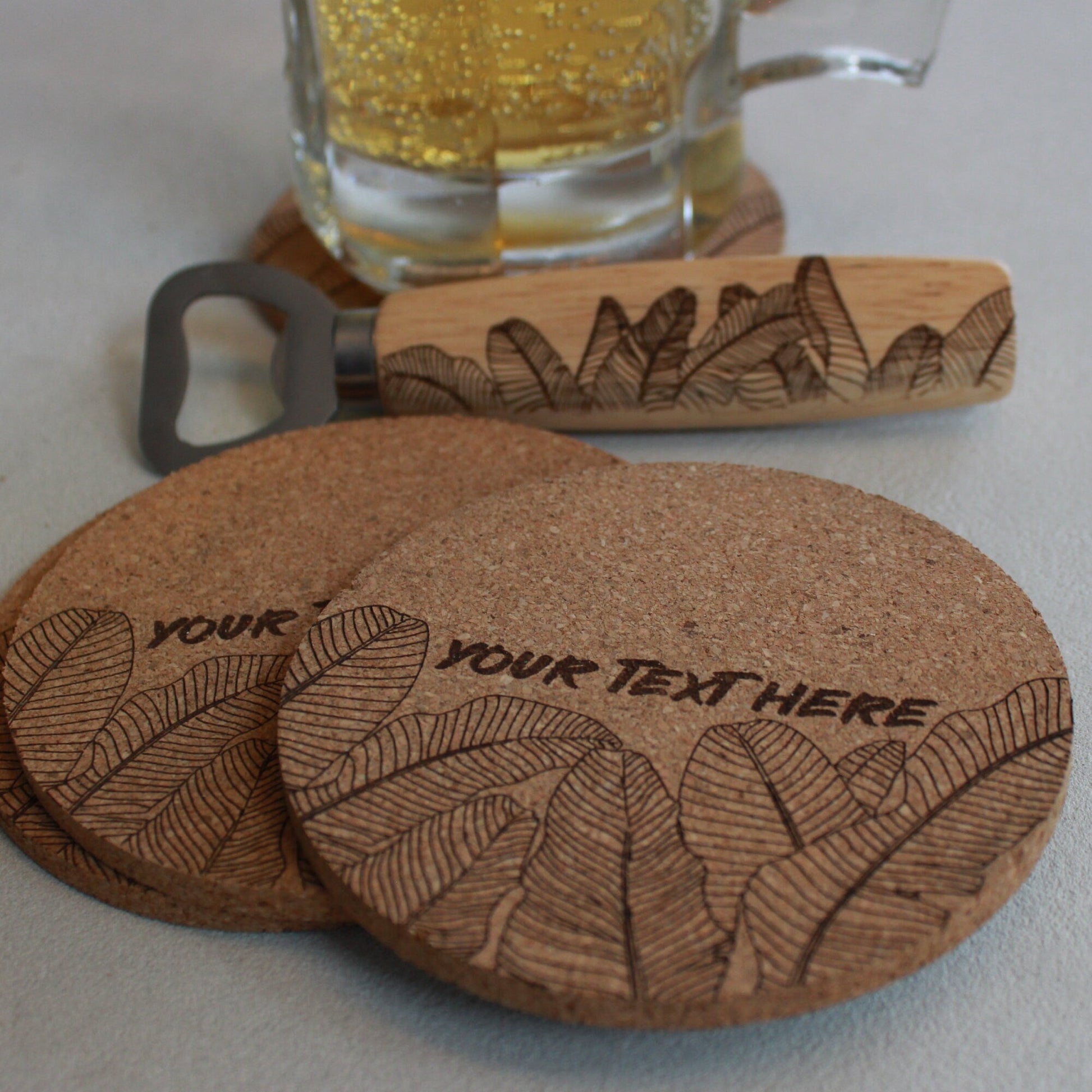 Engraved Cork Coasters (Set of 4) with Matching Bottle Opener Gift Set - Banana Leaf Design - Arbo Engravings