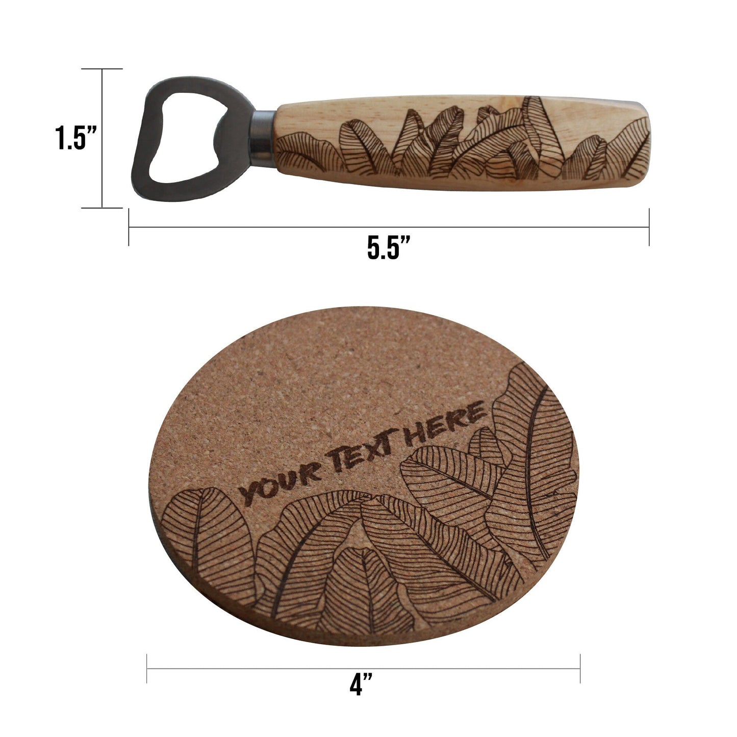 Engraved Cork Coasters (Set of 4) with Matching Bottle Opener Gift Set - Banana Leaf Design - Arbo Engravings