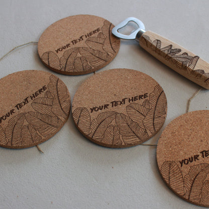 Engraved Cork Coasters (Set of 4) with Matching Bottle Opener Gift Set - Banana Leaf Design - Arbo Engravings