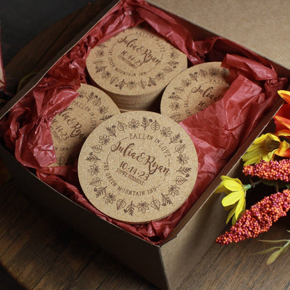 Fall Wedding Custom Cork Coasters with Leaf Ring Detail - Arbo Engravings