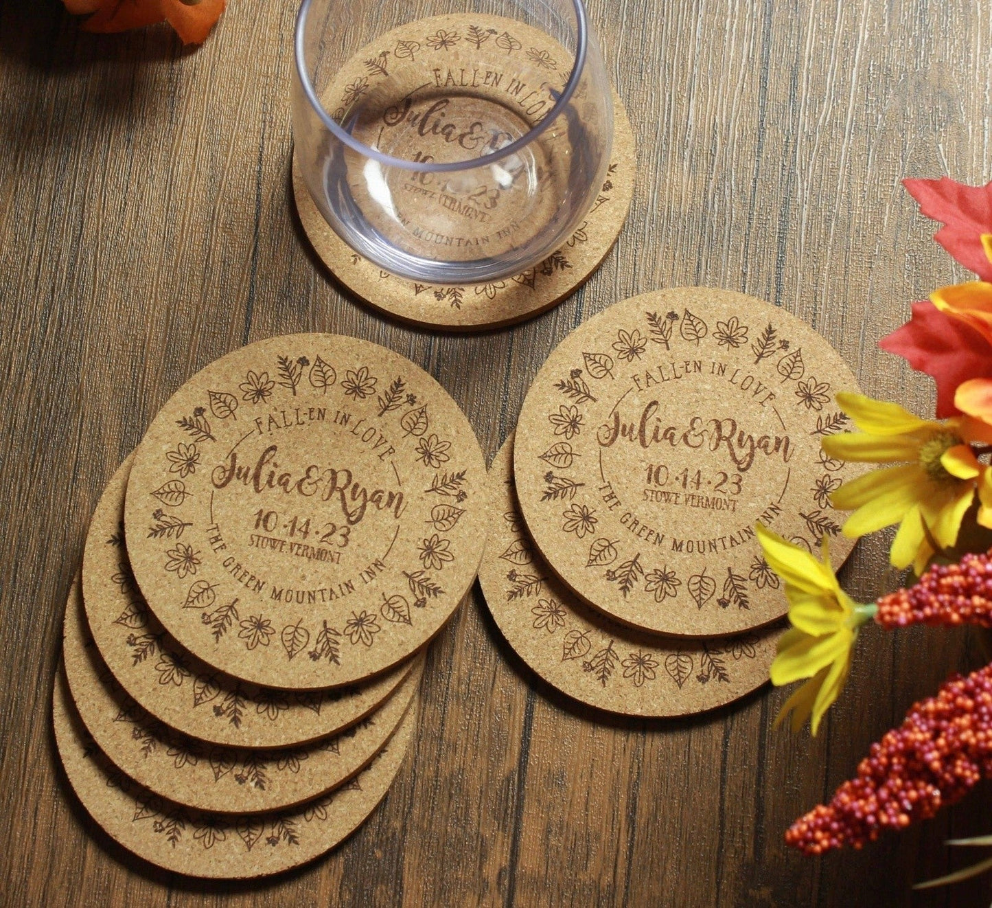 Fall Wedding Custom Cork Coasters with Leaf Ring Detail - Arbo Engravings