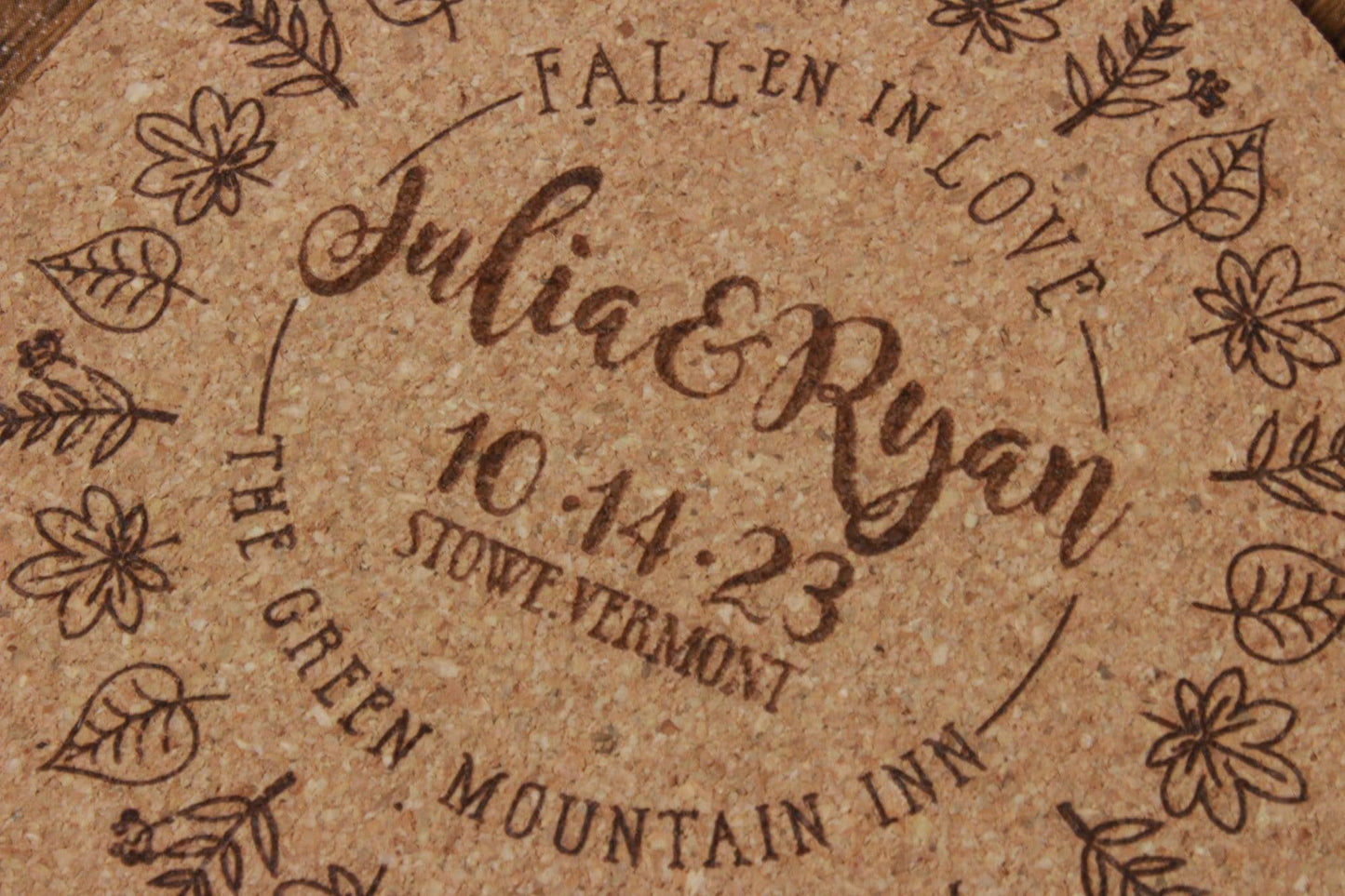 Fall Wedding Custom Cork Coasters with Leaf Ring Detail - Arbo Engravings