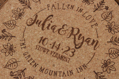 Fall Wedding Custom Cork Coasters with Leaf Ring Detail - Arbo Engravings