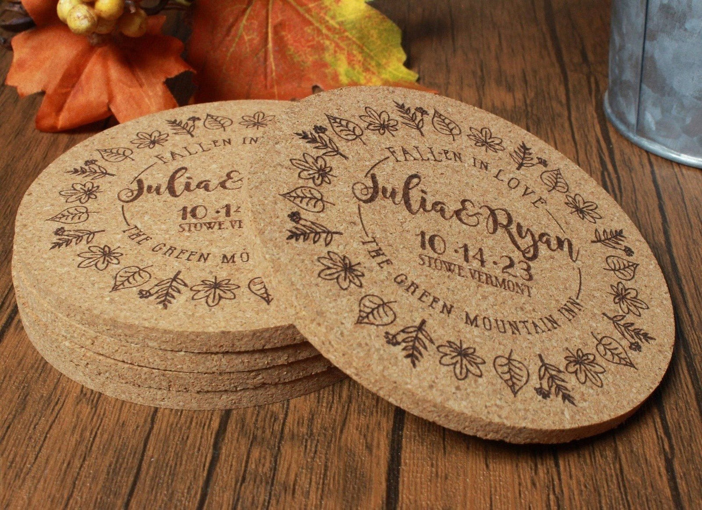 Fall Wedding Custom Cork Coasters with Leaf Ring Detail - Arbo Engravings