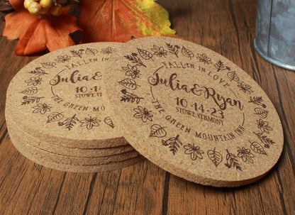 Fall Wedding Custom Cork Coasters with Leaf Ring Detail - Arbo Engravings