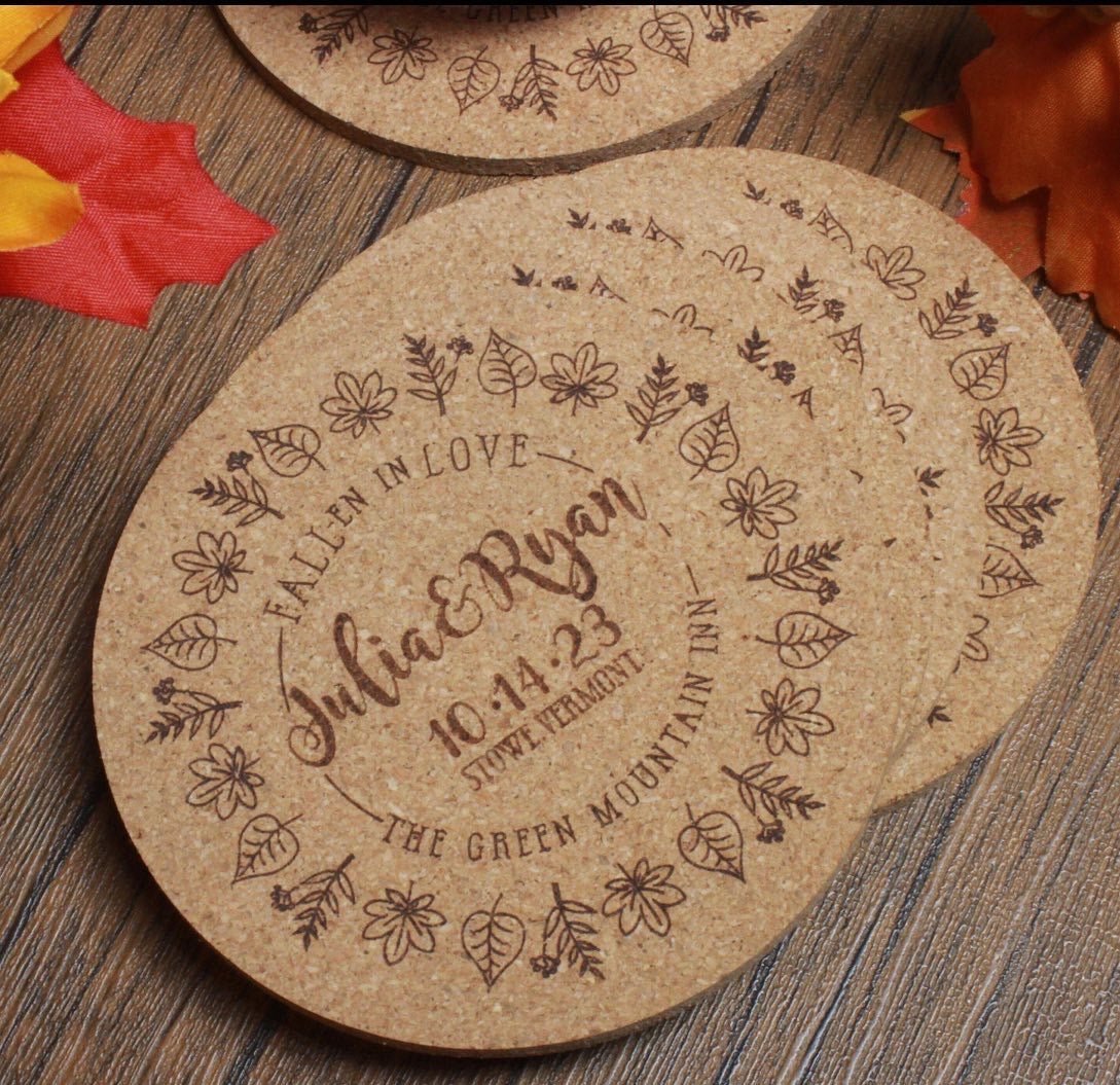 Fall Wedding Custom Cork Coasters with Leaf Ring Detail - Arbo Engravings