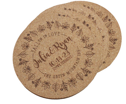 Fall Wedding Custom Cork Coasters with Leaf Ring Detail - Arbo Engravings