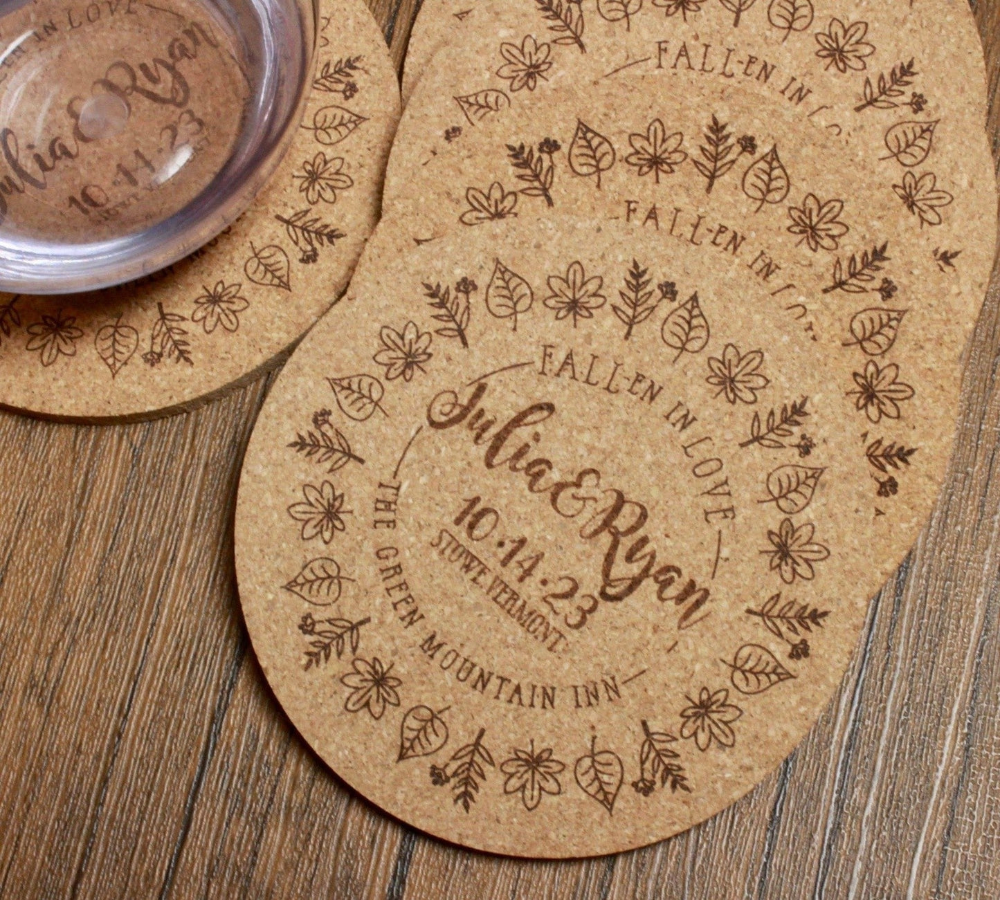 Fall Wedding Custom Cork Coasters with Leaf Ring Detail - Arbo Engravings