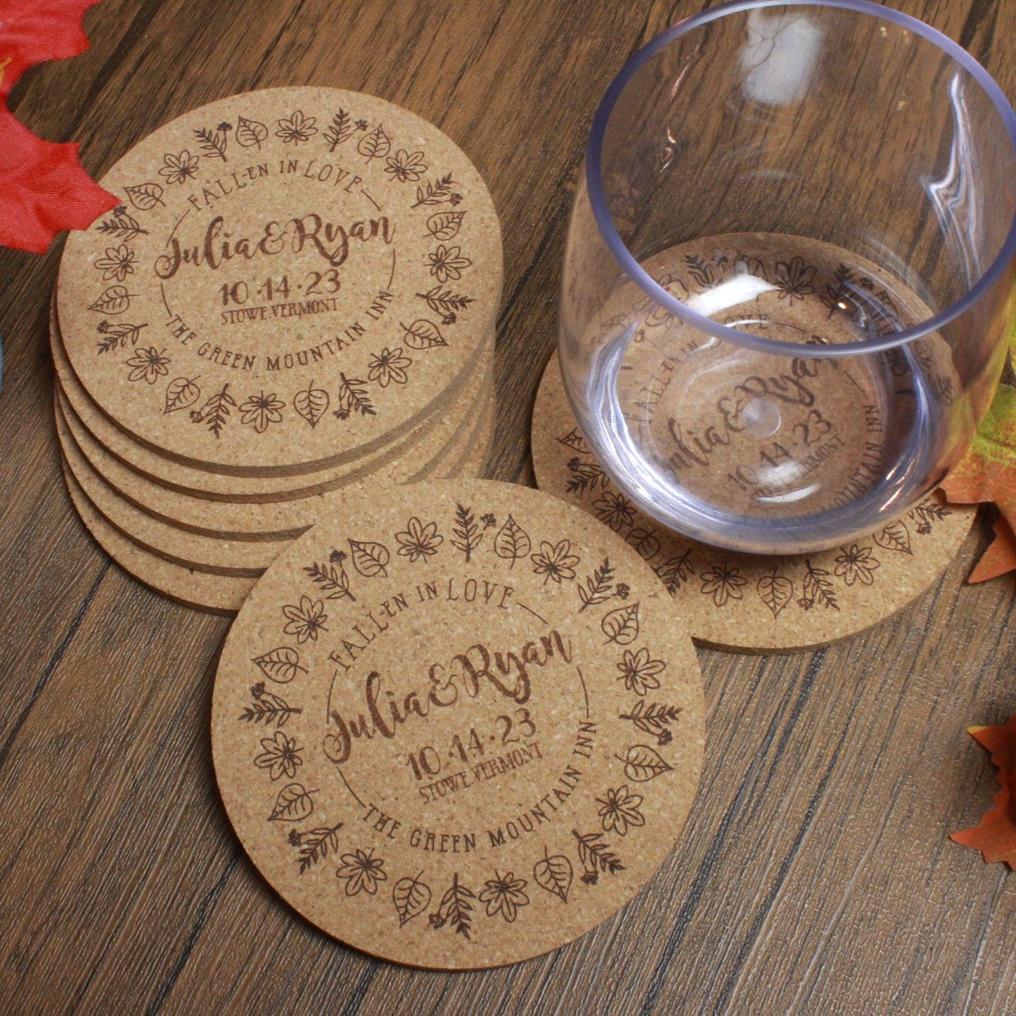 Fall Wedding Custom Cork Coasters with Leaf Ring Detail - Arbo Engravings