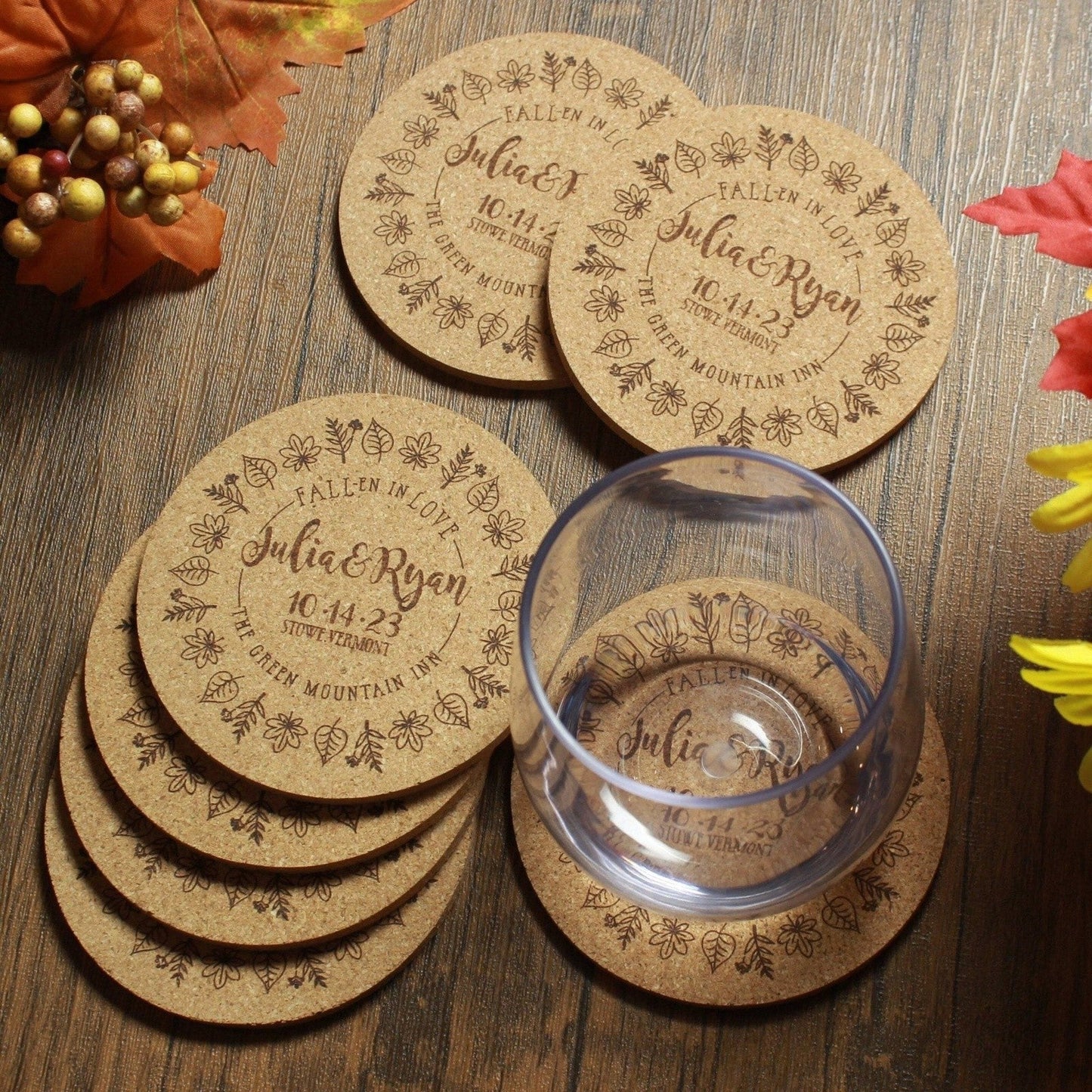 Fall Wedding Custom Cork Coasters with Leaf Ring Detail - Arbo Engravings