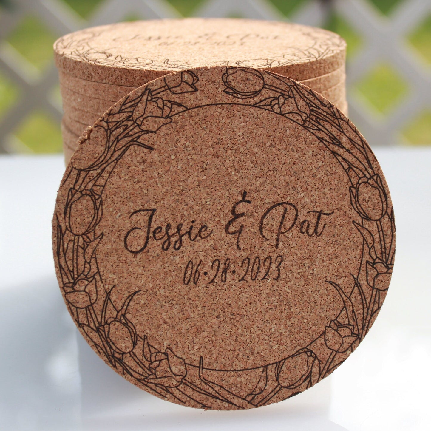 Floral Wreath Wedding Coasters - Arbo Engravings